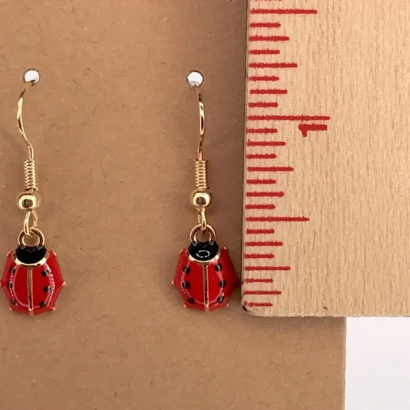 Ladybug Gold and Red Earrings - Picture 2 of 2